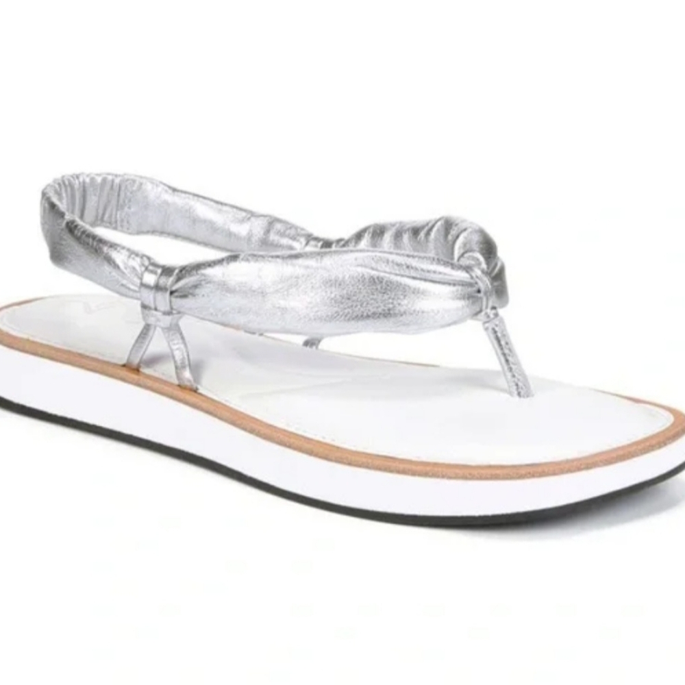 27 EDIT Silver Metallic Slingback Thong Sandals with White Footbed